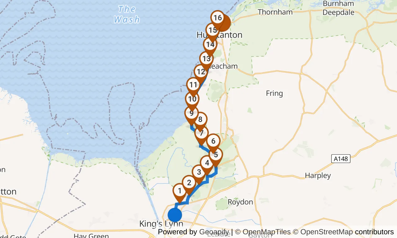 Map of leg 1: the route with mile markers, Norfolk county boundary, England to Exchange 1.