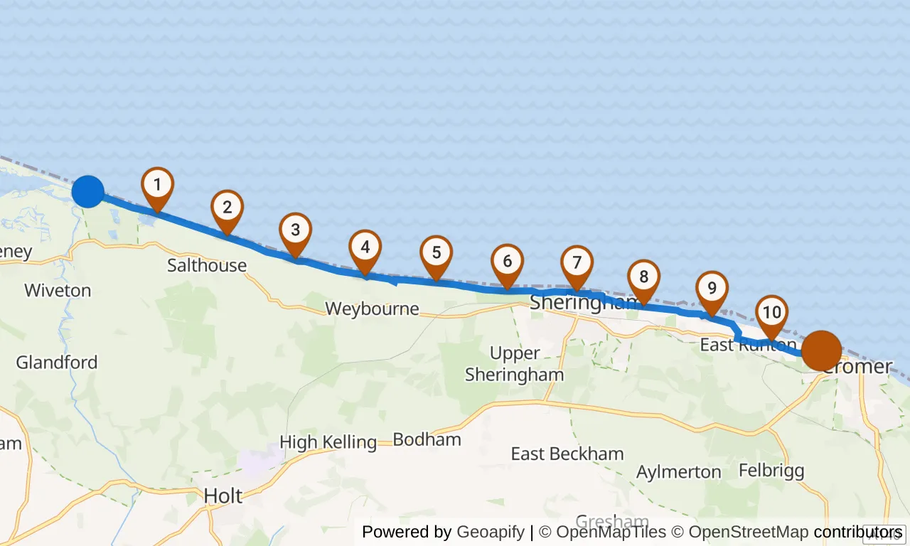 Map of leg 5: the route with mile markers, Exchange 4 to Exchange 5.