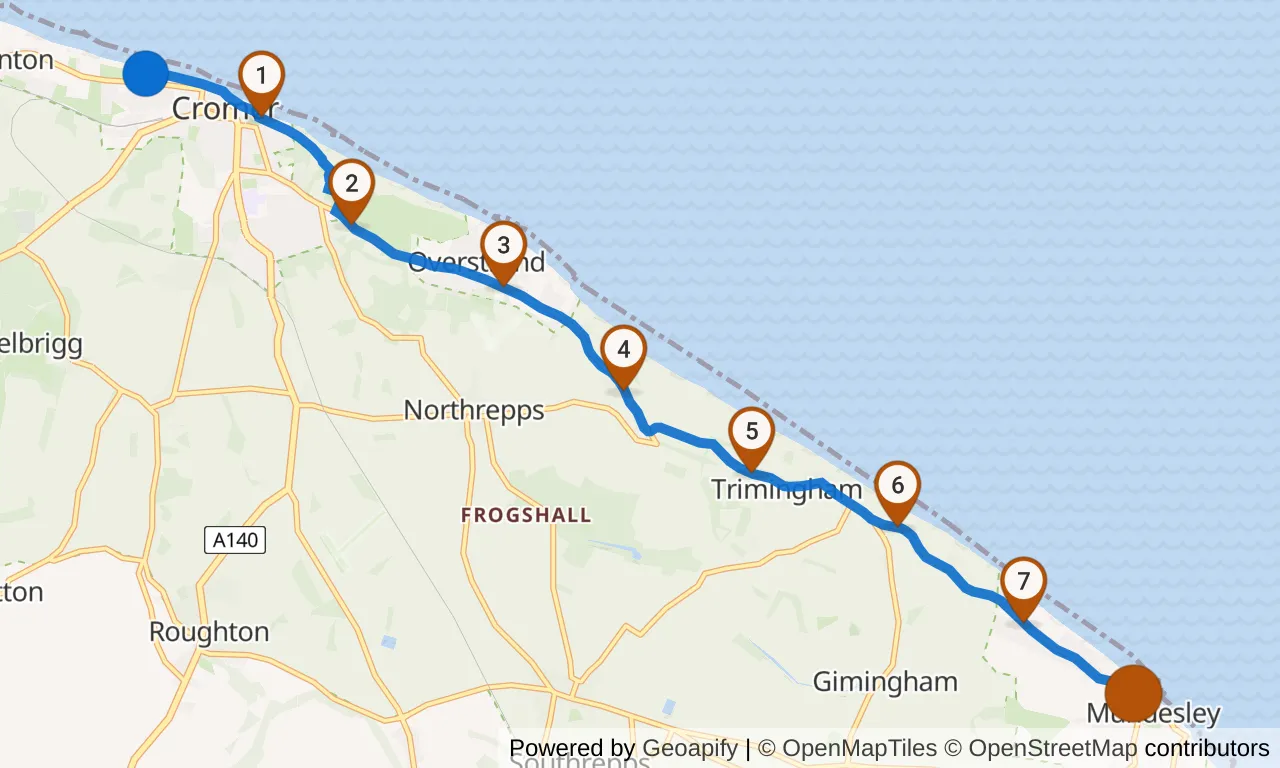 Map of leg 6: the route with mile markers, Exchange 5 to Exchange 6.