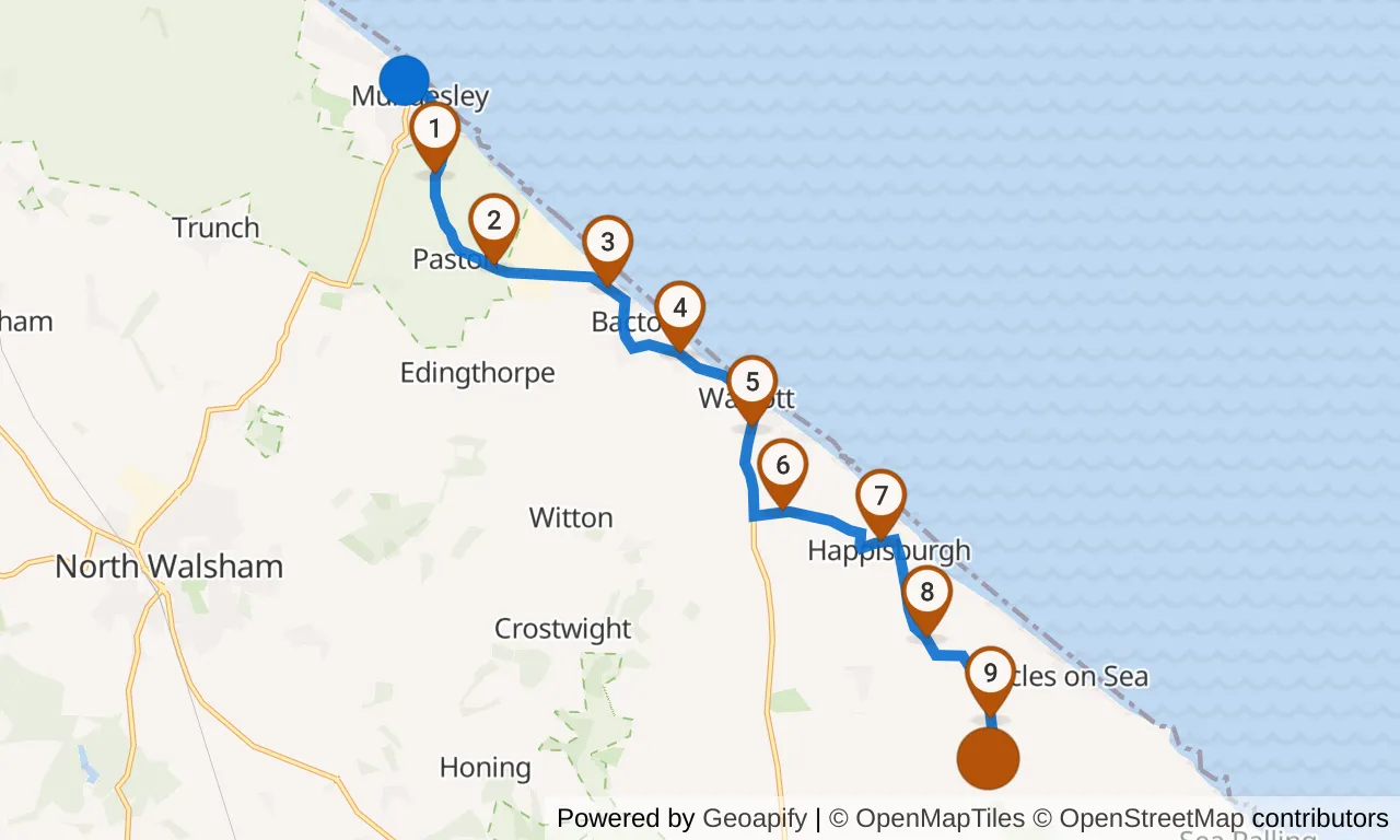 Map of leg 7: the route with mile markers, Exchange 6 to Exchange 7.