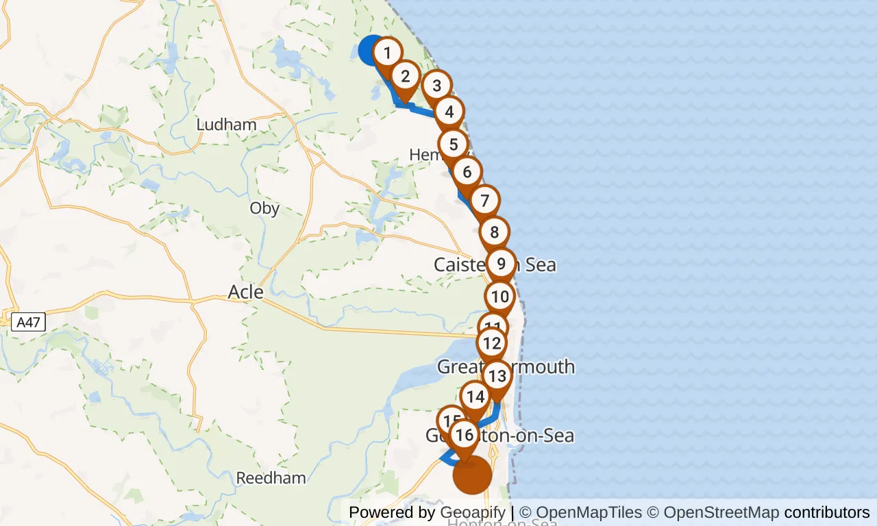 Map of leg 9: the route with mile markers, Exchange 8 to Exchange 9.
