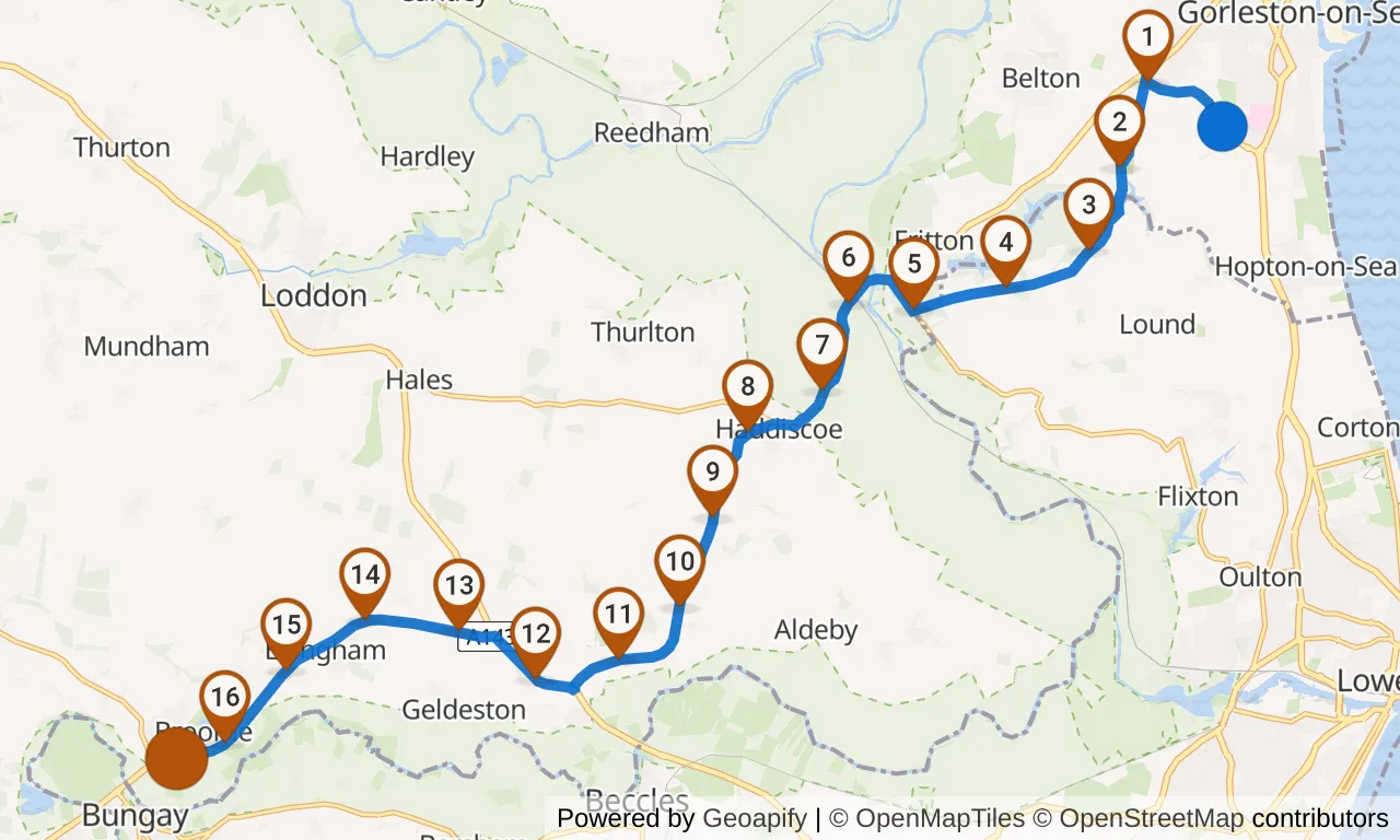 Map of leg 10: the route with mile markers, Exchange 9 to Exchange 10.