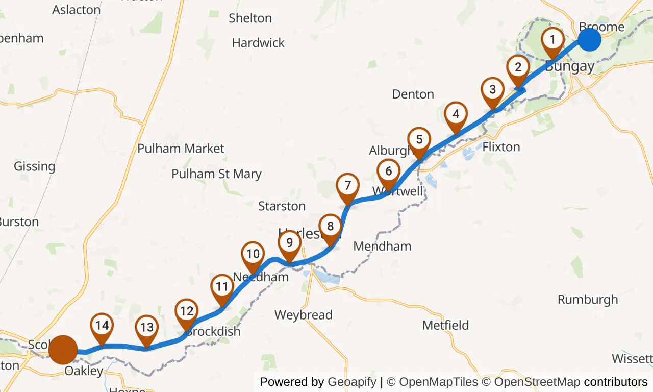 Map of leg 11: the route with mile markers, Exchange 10 to Exchange 11.
