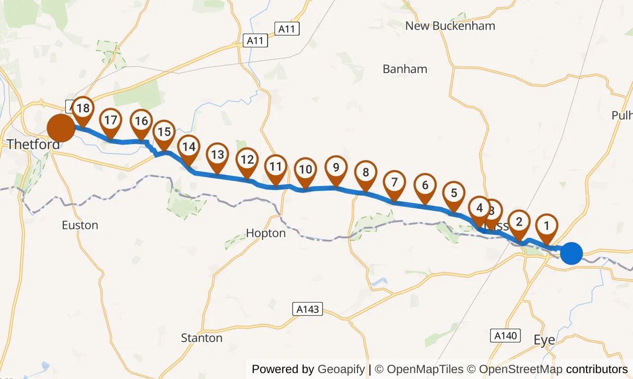 Map of leg 12: the route with mile markers, Exchange 11 to Exchange 12.