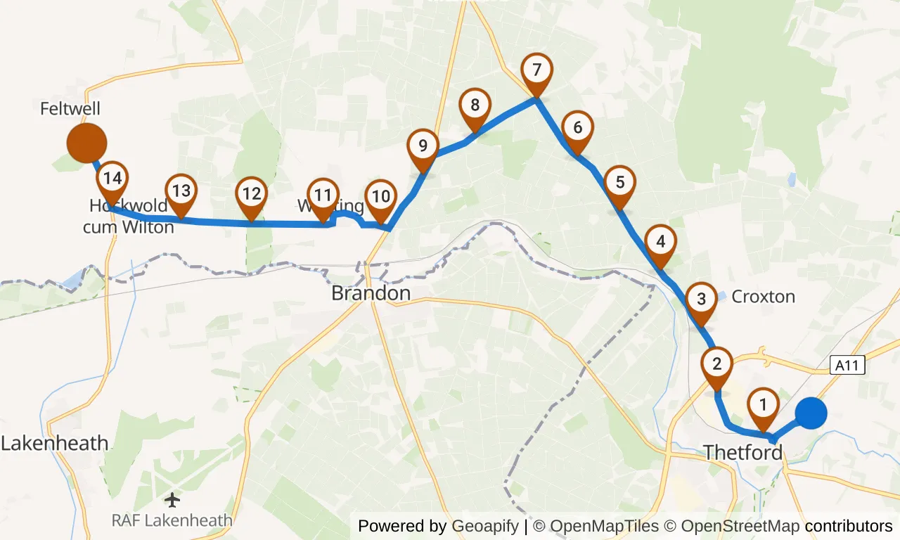 Map of leg 13: the route with mile markers, Exchange 12 to Exchange 13.