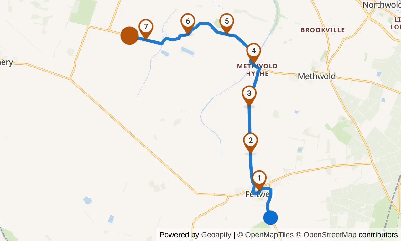 Map of leg 14: the route with mile markers, Exchange 13 to Exchange 14.