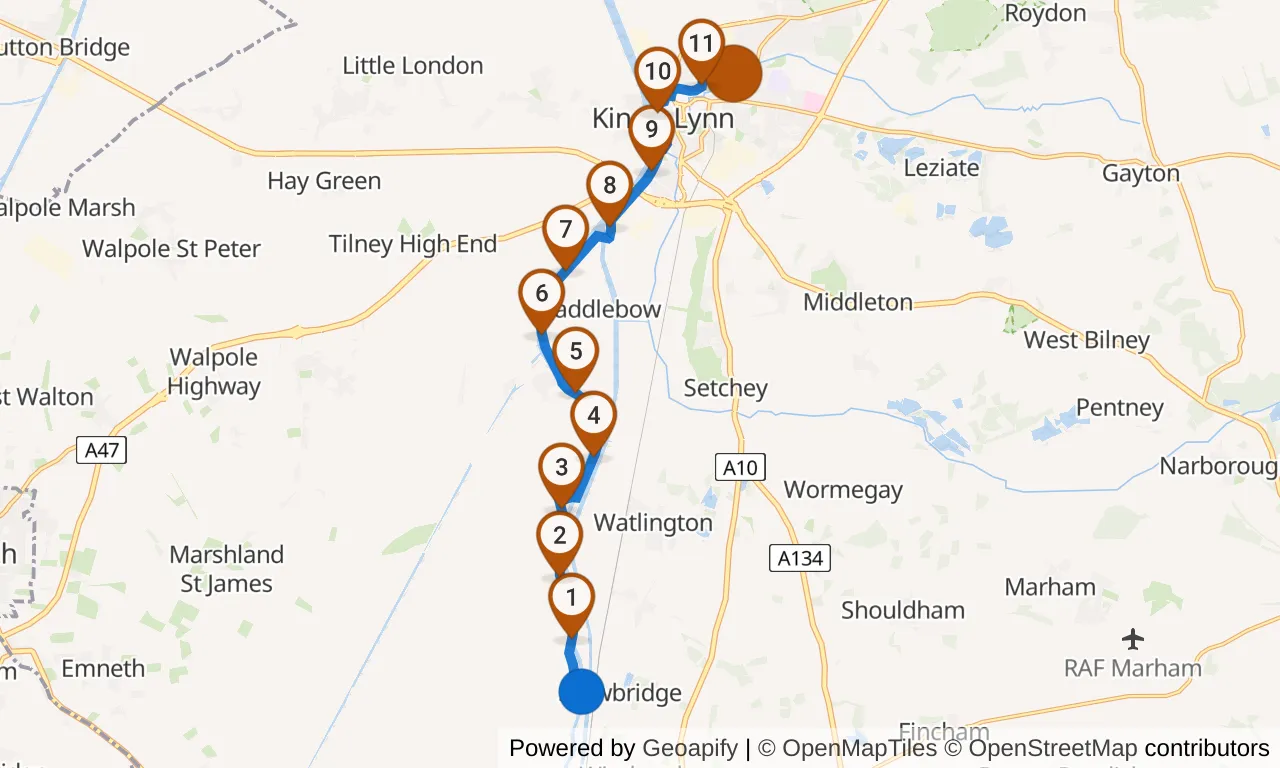 Map of leg 17: the route with mile markers, Exchange 16 to Finish.