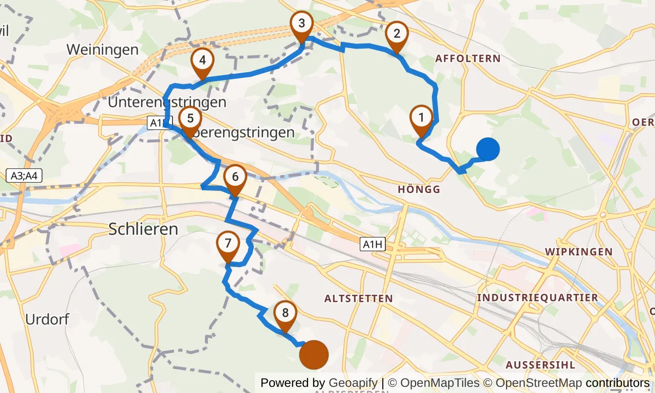 Map of leg 2: the route with mile markers, Exchange 1 to Exchange 2.