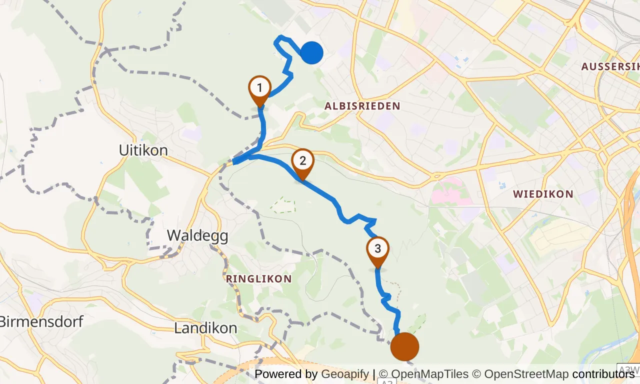 Map of leg 3: the route with mile markers, Exchange 2 to Exchange 3.