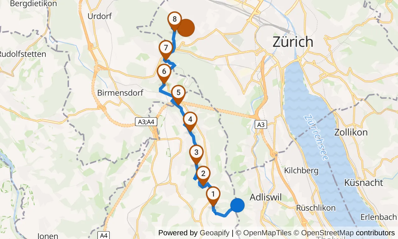 Map of leg 5: the route with mile markers, Exchange 4 to Exchange 5.