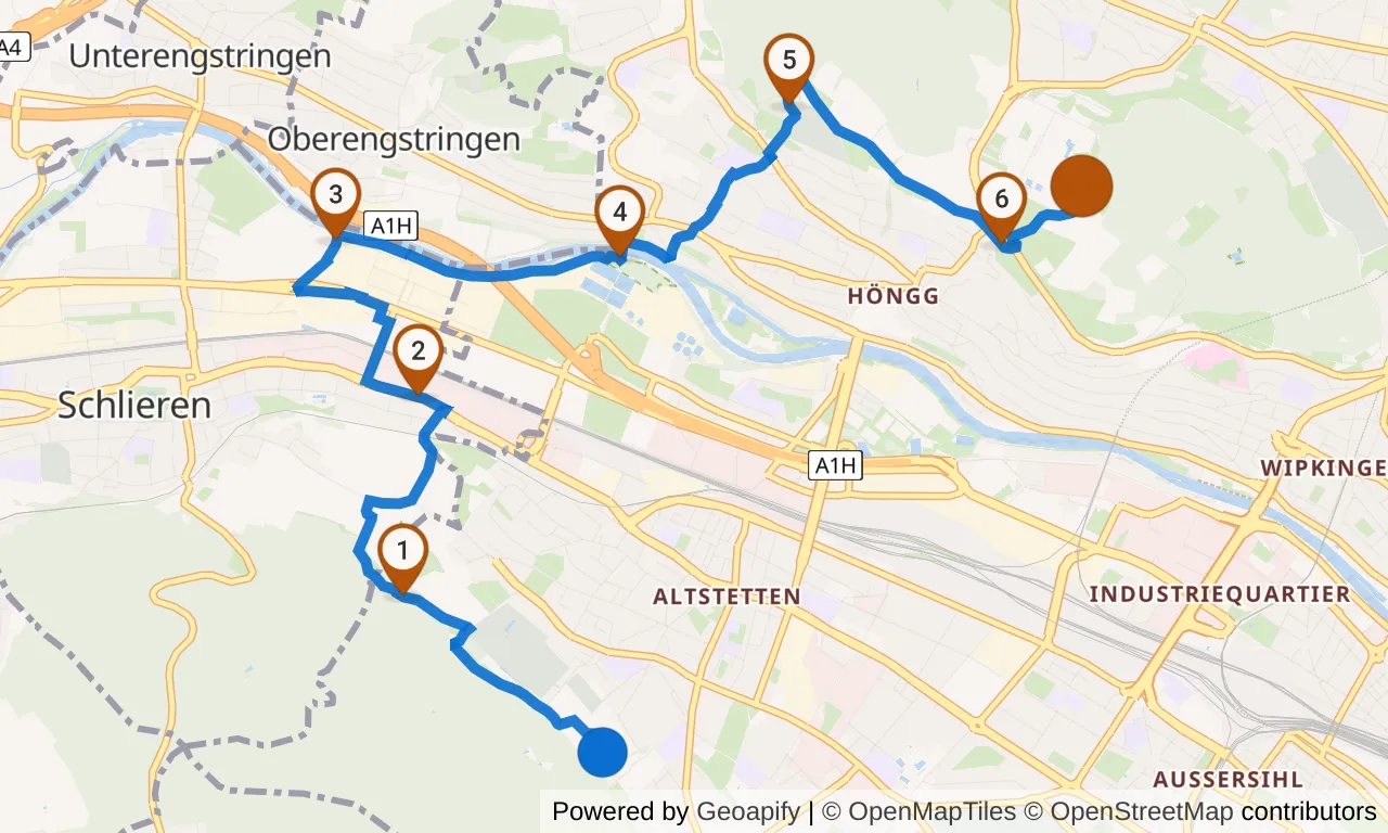 Map of leg 6: the route with mile markers, Exchange 5 to Exchange 6.